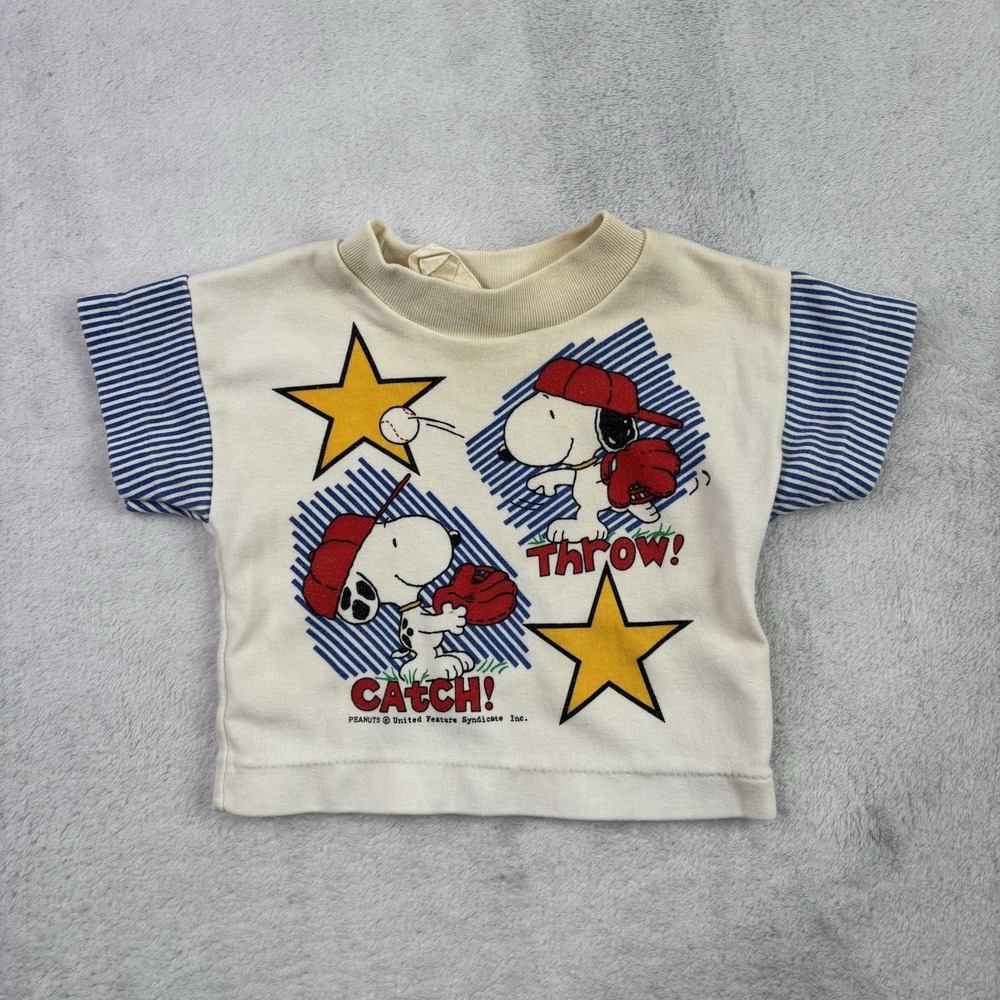 VTG 60s 70s Peanuts Snoopy Baseball Short Sleeve Graphic Toddlers Shirt Stains